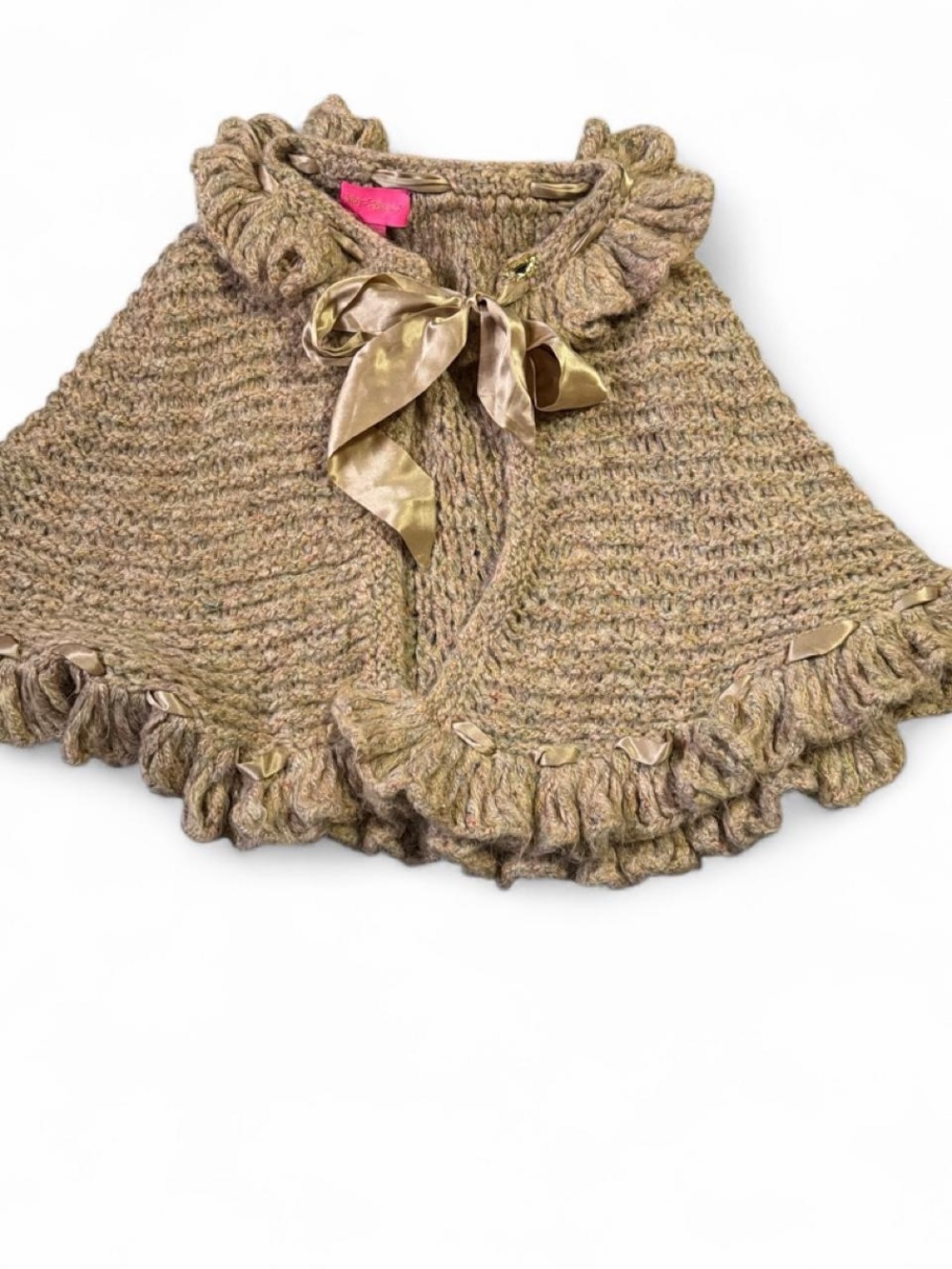 Vintage Betsey Johnson Taupe Ruffled Knit Cape with Satin Bow